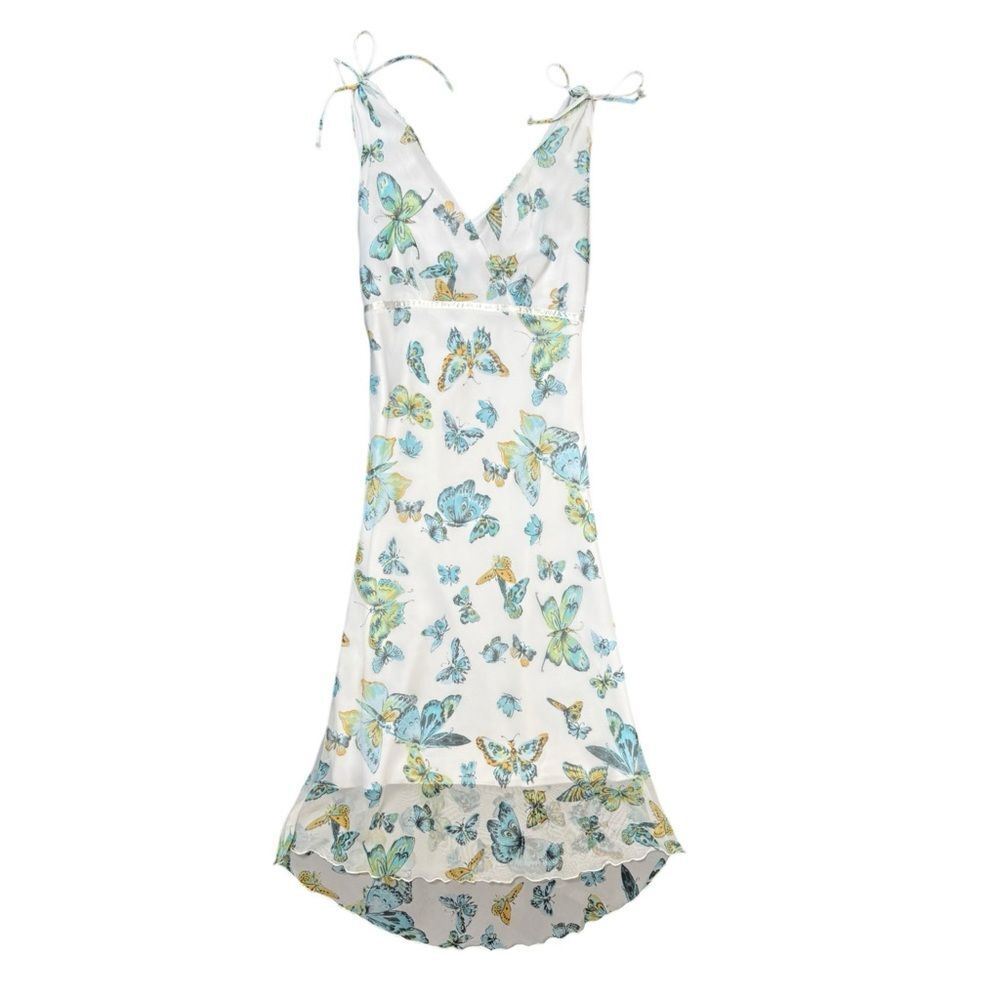 Y2K Graffiti White + Blue Butterfly Midi Dress Size Small